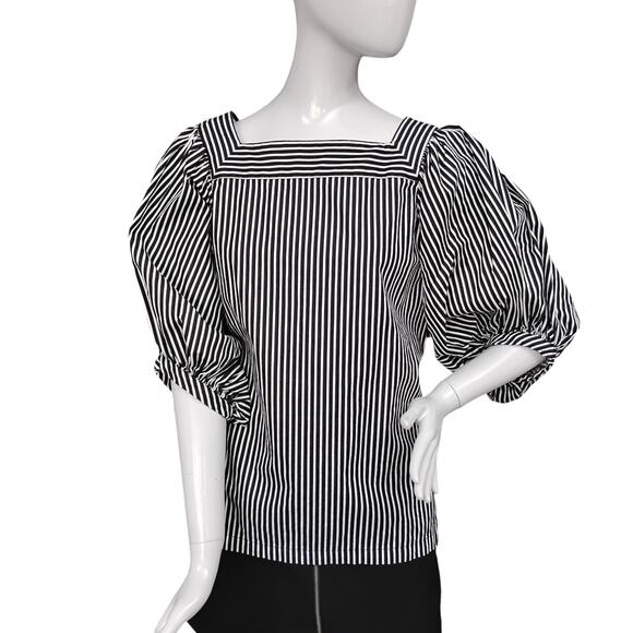 LOFT Boxy Puffy Sleeves Blouse Size Medium Black and White Stripes Square neck - Picture 1 of 6